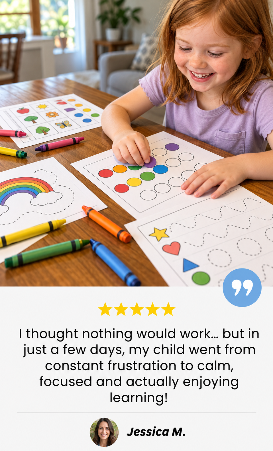 card 2, showing printable activities and a sample parent quote
